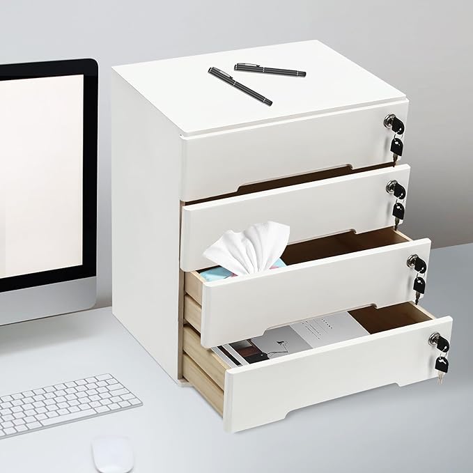 4-Tiers Wooden Desktop Storage Box with Lockable Drawers, Office Supplies File Organizer, Flat File Cabinet Store Stamps, Sticky Notes, Paper Clips, Scissors, for Office, Study, White