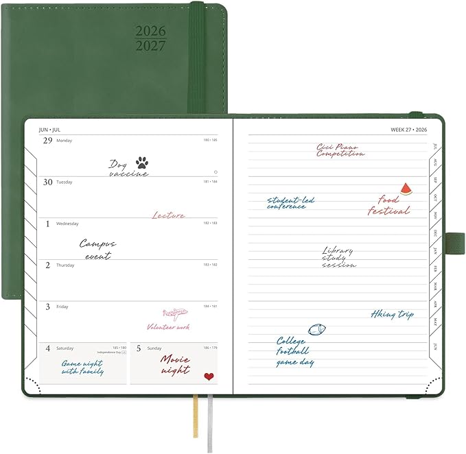 POPRUN Weekly Planner 2026-2027 (Medium 6.5''x 8.5'') Academic Calendar (JUL.26 - JUN.27) Appointment Book with Monthly Tabs, Leather Soft Cover, Inner Pocket, 100 GSM - Green