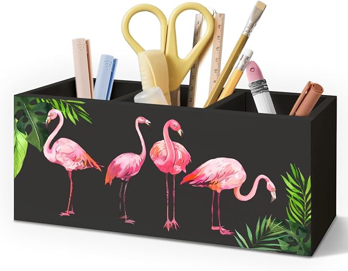 Tropical Pink Flamingo Wood Makeup Brush Toothbrush Holder Organizer for Vanity Bathroom,Pink Flamingo Gifts for Women,Girly Aesthetics Wooden Pen Pencil Holder for Desk Accessories(Black)