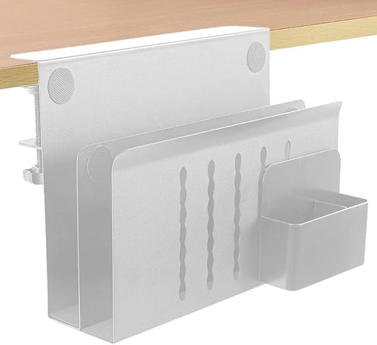 2 Tier Desk Side Storage, Under Desk Laptop Mount, Clamp On Desk Shelf for Tablet, Files,Accessories, No Drill Hanging Desks Caddy for Office and Home, Load 30Lbs, White