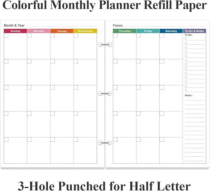 Half Letter Size Monthly Planner Refills for 3 Ring Mini Binders - 53 Sheets/106 Pages Undated Colorful Monthly Planner, 3-Hole Punched, 100 gsm White Paper, Lasts 2 Year, Undated, 5.8" x 8.3"