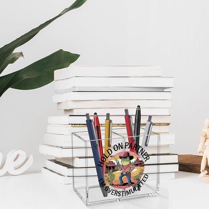 Funny Western Frog Cowboy Acrylic Cosmetic Pencil Pen Holder Hold On Partner I'm Overstimulated Pen Holder Cup Funny Gifts for Women Men Colleague Boss Decor for Home Office Desk Accessories