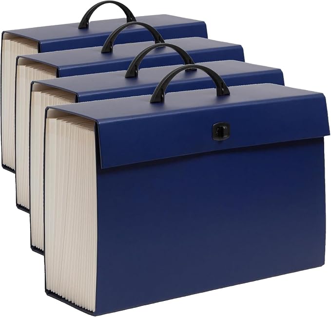 Smead Portable Expanding File Box, 19 Pockets, Blank Tabs, Printed Labels, Latch Closure, Legal Size, Blue (70806) (Pack of 4)