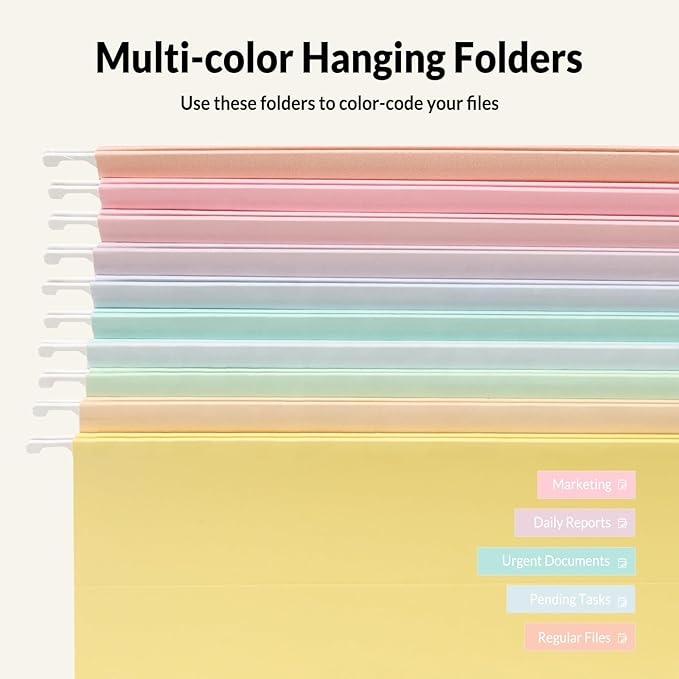 SUNEE Hanging File Folders, 50 Pack Letter Size Hanging File Folders with 1/5-cut Tabs, Stay Organized for Your Home and Office Bulk File, Documents and Paper, 10 Macaron Colors