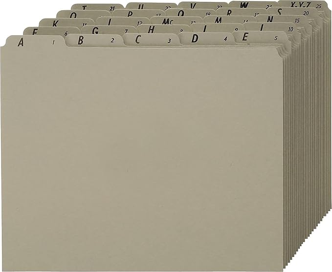 Pendaflex A-Z Top Tab Recycled Gray Pressboard 1/5-Tab File Guides, Letter, 25/Set (PN925)
