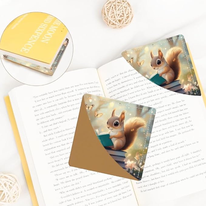 2PCS PU Leather Bookmarks 3.5x3.5 Inch Squirrel Reading Design | PU leather bookmarks with squirrel reading design for story books, class notes, journals, young readers and book lovers