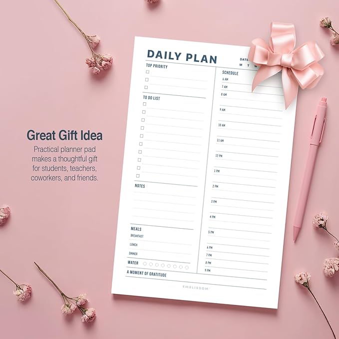Daily Planner Notepad, 5.5 x 8.5" Tear-Off Pad – 70 Undated Sheets Focus-Enhancing Desktop Organizer with Hourly Schedule, To-Do List for Work, School (White, Minimalist, 2 Pack)