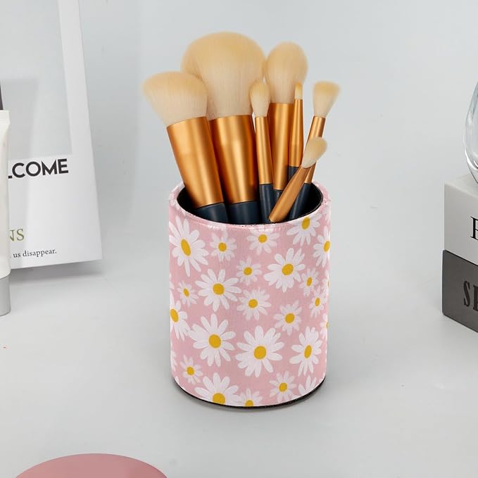 Cute Pink and Daisy Wildflowers Leather Pen Holder for Desk, Multifunctional Desktop Organizer Pencil Cup, Desktop Caddy Stationery Organizer for School Home Office Desk Accessories