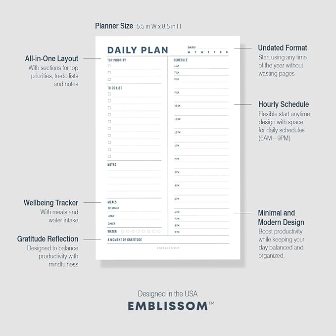Daily Planner Notepad, 5.5 x 8.5" Tear-Off Pad – 70 Undated Sheets Focus-Enhancing Desktop Organizer with Hourly Schedule, To-Do List for Work, School (White, Minimalist, 1 Pack)