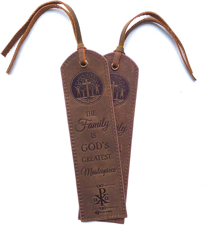 Leather Bible Bookmarks - 2 Leather Christian Bookmarks with Inspirational Verse | The Family is God’s Greatest Masterpiece | Perfect Religious Book Marker Gifts for Men, Women, Readers, Family