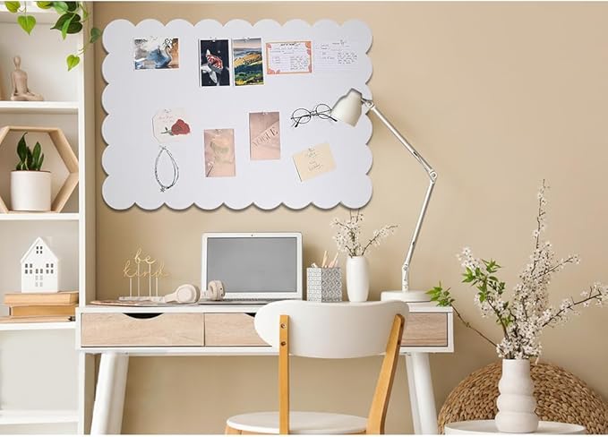 1Pcs Scalloped Felt Bulletin Board, 35.4x23.6Inch Foldable Picture Boards with 20 Pushpins Self-Adhesive Vision Board Decorative Pin Board for Mother's Day Wall Home Office(Creamy White)