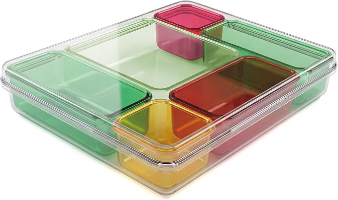 MOSSRIVER 7 Pack Clear Drawer Organizer Set, Plastic Desk Organizer Bin with Lid & Trays, Colorful Storage Box with Removable Trays for Cosmetics, Jewelry, Bedroom, Bathroom, Office, Combo 12