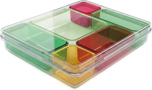 MOSSRIVER 7 Pack Clear Drawer Organizer Set, Plastic Desk Organizer Bin with Lid & Trays, Colorful Storage Box with Removable Trays for Cosmetics, Jewelry, Bedroom, Bathroom, Office, Combo 12