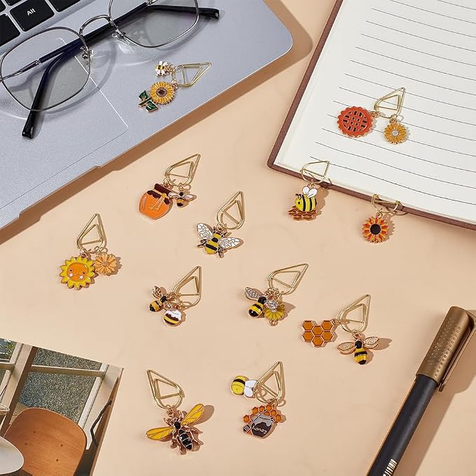 OLYCRAFT 12Pcs Cute Bee Paper Clips Bee Bookmark Teacher Presents Clip with Bee Alloy Enamel Pendants Animal Bookmark Clips for Bookmarks School Office Home Supplies and Book Lovers