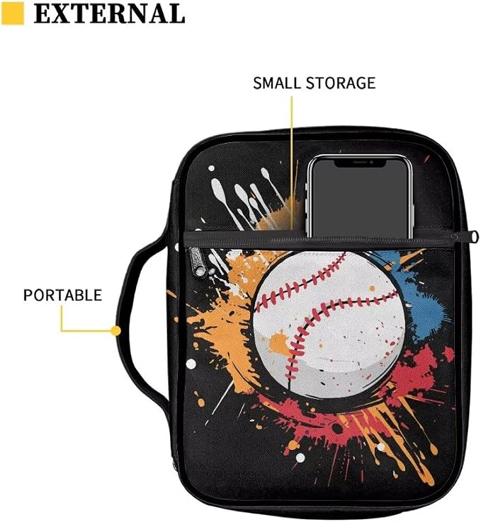 Coldinair Baseball Bible Cover for Kids Boy,Color Splatter Bible Case Bible Carrier Carrying Organizer Purse Handbag with Zipper Pockets Church Bag