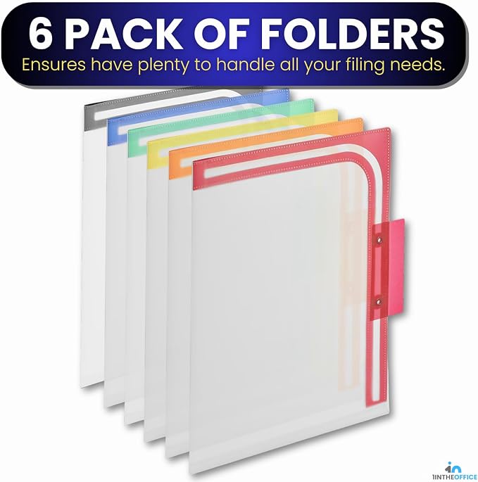 1InTheOffice Plastic File Folder, Letter Size 1/3-cut Sliding Top Tabs, Reinforced File Folder, Hard Plastic File Folders, Colored Tab Folders, Assorted Colors, 6 Pack