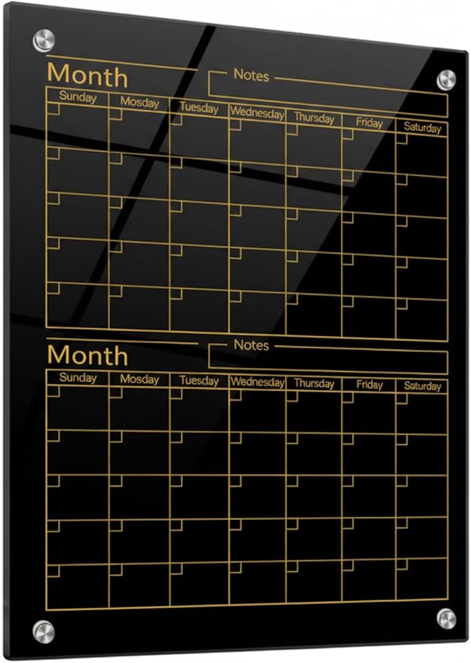Glass Whiteboard Calendar Dry-Erase White Board Planner Glass Large Wall Mounted Calendar with Marker Tray for Wall Home or Office(Black,24" X 18",2 Month)