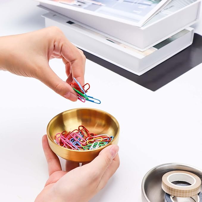Small Gold Paperclip Holder for Desk, Round Paper Clip Holder Push Pin Organizer Stainless Steel Paper Clip Dispenser Desktop Organizer Cute Storage Plate Desk Accessories (Gold Paperclip Holder)