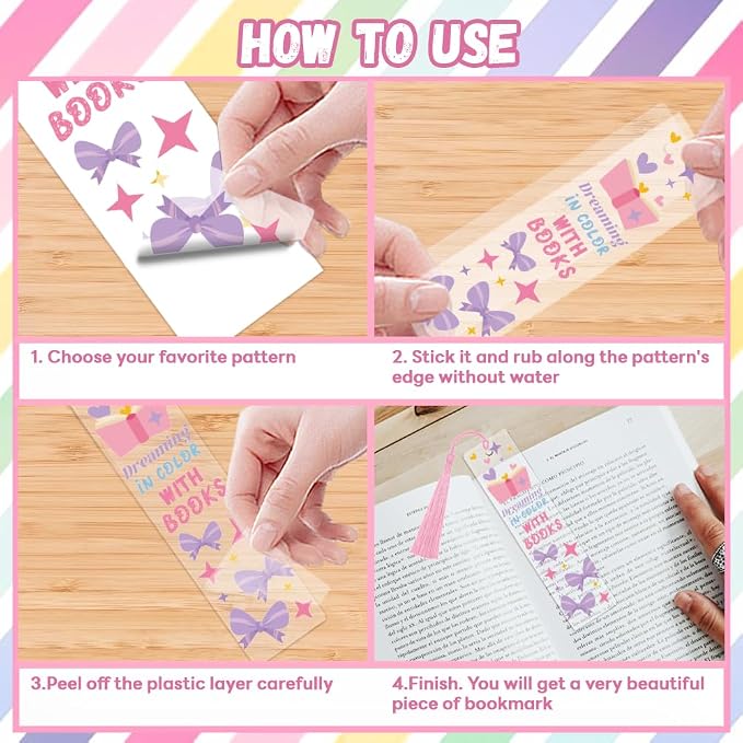 Peacoblue 30pcs UV DTF Bookmarks Transfer Stickers Wraps Pink Bow and Book for Women Men Reading, Waterproof Bookmarkers Decal(No Blank Bookmarks) for Acrylic Plastic Metal Blank Bookmark