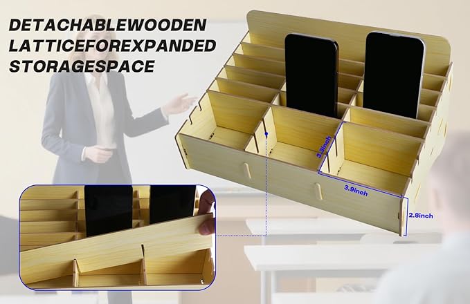 HengTianMei Classroom Cell Phone Holder, 24 Grid Cell phone Storage Box for Student Management, Wooden Calculator Organizer Caddy for School Office（24 Grid）