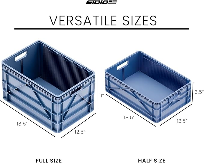 Sidio Crate Basic Pack - 2 Full-Size & 1 Half-Size Heavy Duty Stackable Storage Bins, Totes, Containers with Dividers - Durable Plastic Organizer for Home, Office, Garage, and Outdoor Use, Navy Gray