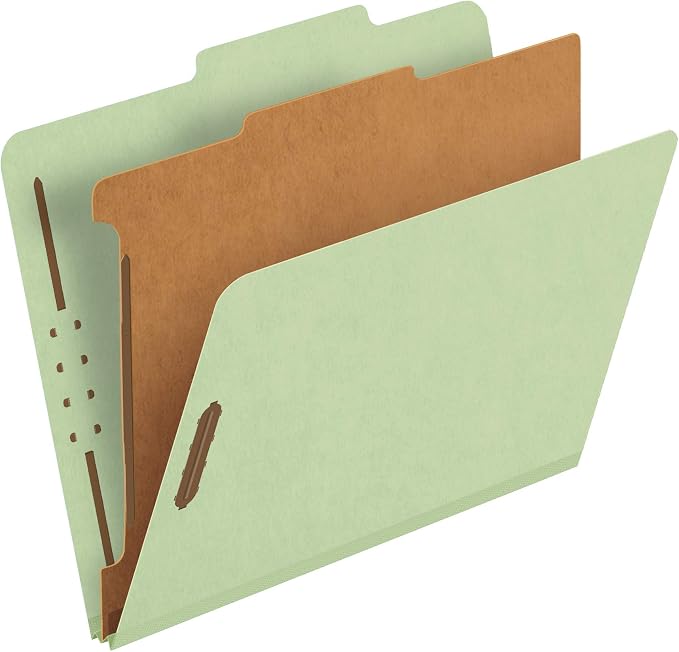 Pendaflex Recycled Classification File Folders, 1 Divider, 2" Embedded Fasteners, 2/5 Tab Cut, Letter Size, Light Green, Box of 10 (23776R)