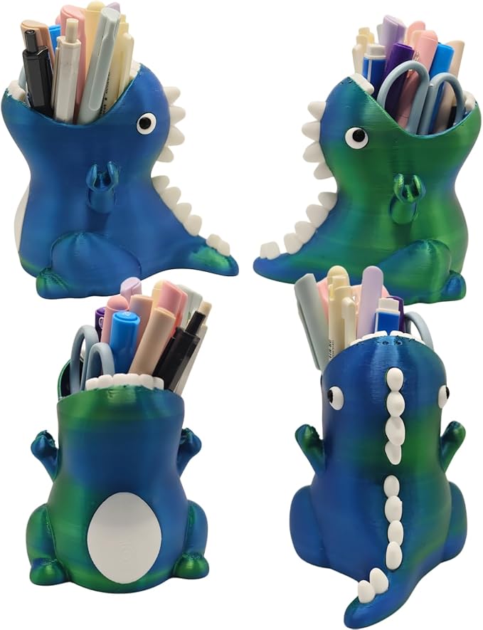 TIME&TRAVE Cute Dinosaur Pen Holder for Desk, Creative Pencil Holder Desk Organizers, Office Supplies Decorations Idea Gift for Women Kids (Blue Green)
