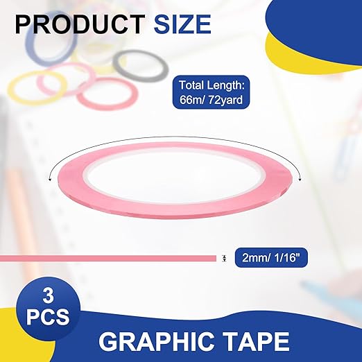 MECCANIXITY Whiteboard Tape 5/64" / 2mm Self Adhesive Graphic Chart Line Tape 72 Yard Grid Marking Stickers for Pinstripe Dry Erase Board Scrapbooking DIY Art Crafts, Pink, Pack of 3