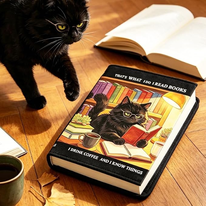 Learning Cat Patern Stretchable Book Cover 15.7"x9.8", Elastic Washable Book Protector for Hardcover Textbooks Paperbacks, Reusable Polyester Book Sleeve for Women
