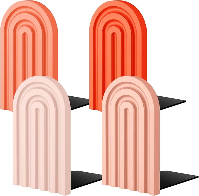 Harloon 4 Pcs Boho Arch Wooden Bookends, Decorative Rainbow Book Stoppers with Non-Slip Metal Base, 5x3x4 Inches, Cute Shelf Decor for Heavy Books, Home Office Study Desk Organizer(Vintage Color)
