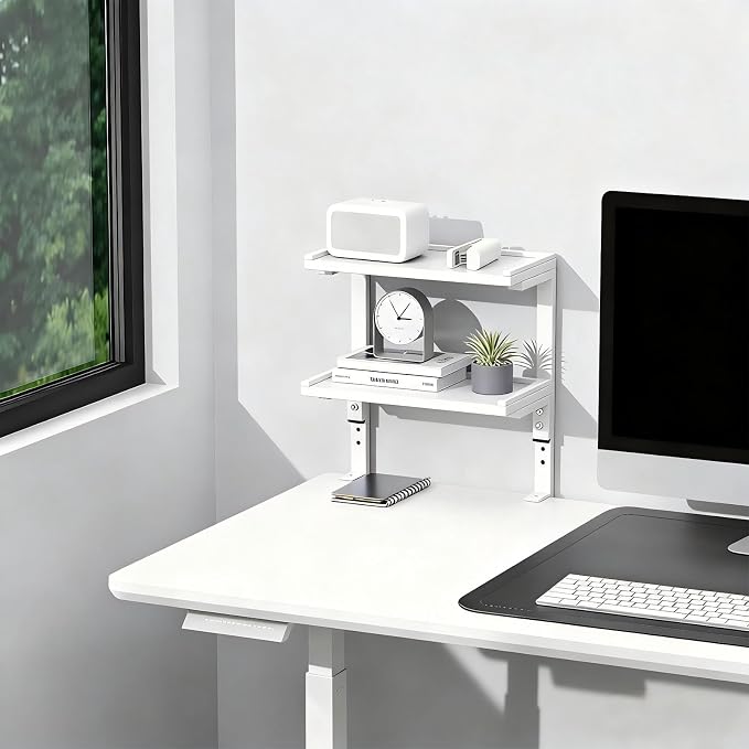 2-Tier Desk Shelf, Expandable Under Desk Storage, Clamp on Desk Shelf, Desktop Accessories for Offices, Study Rooms, and Game Rooms (White)