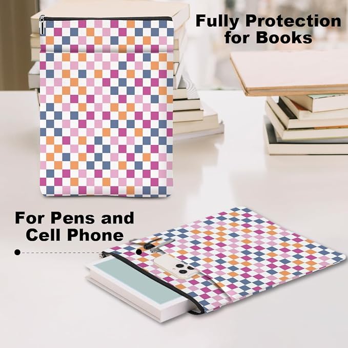 Retro Plaid Book Lovers Gifts Book Sleeve Vintage Checkered Waterproof Book Cover Book Pouch Book Protector with Front Pocket Book Club Christmas Birthday Gifts for Women Girl Sister Book Accessories