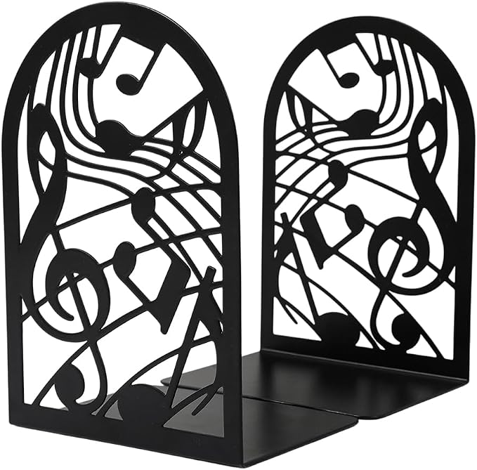 Book Ends, Bookends, Book Ends for Shelves, 2Pair Non Skid Metal Book Divider Decorative Holder, Abstract Art Desgin Book Stopper Supports for Office, Home (Music Note)