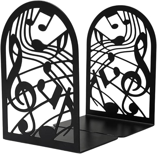 Book Ends, Bookends, Book Ends for Shelves, 2Pair Non Skid Metal Book Divider Decorative Holder, Abstract Art Desgin Book Stopper Supports for Office, Home (Music Note)
