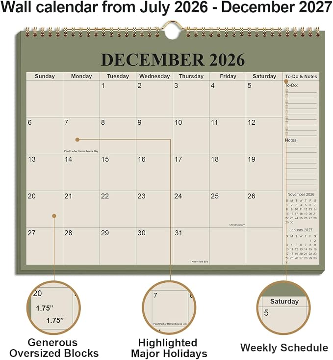 Calendar 2026-2027 - 18 Months Wall Calendar from July 2026 - December 2027, 2026-27 Wall Hanging Calendar Planner with Thick Paper, 12" x 14.5", Beige