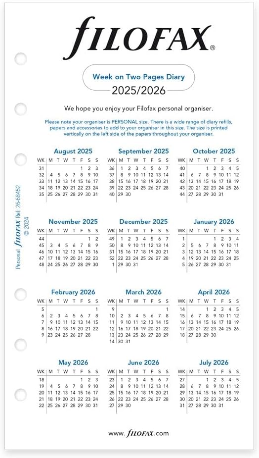 Filofax Calendar Diary Refill, Personal/Compact Size, Week-to-View, Academic, White Paper, Unruled, English, August 2025 to July 2026 (C68452-26)