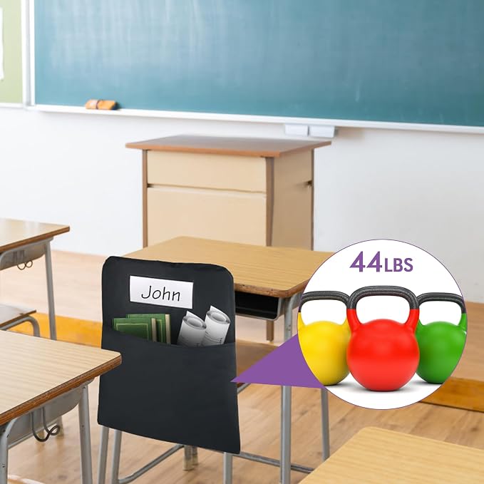Black Chair Pockets for Classrooms, Seat Sacks for Classroom Chairs K-2 with Name Tag for Organizing Classroom Supplies Fits Students School Office College (12)