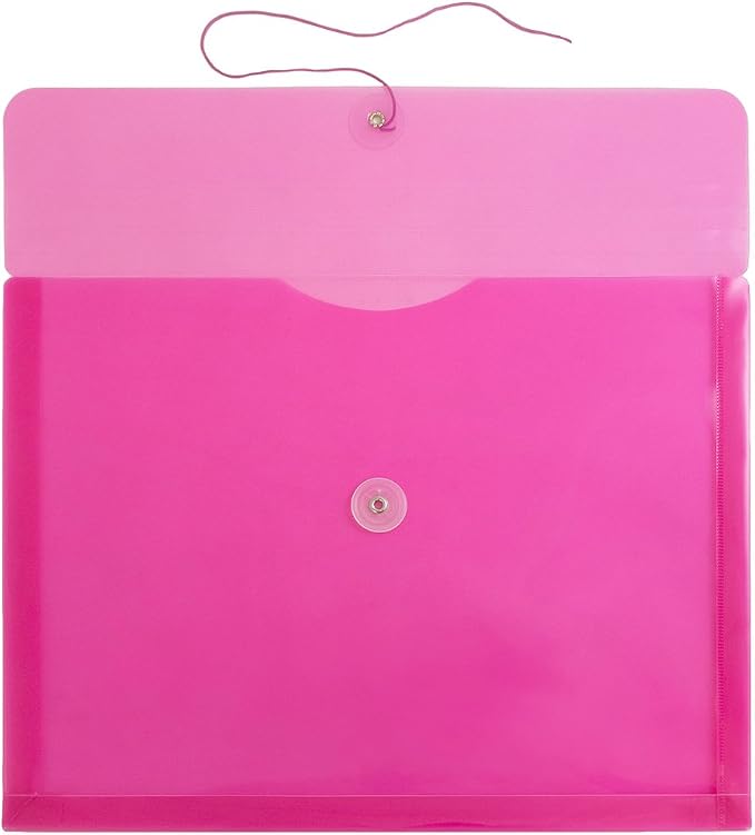 JAM PAPER Plastic Envelopes with Button & String Tie Closure - Letter Booklet - 9 3/4 x 13 - Fuchsia - 12/Pack
