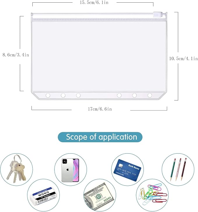 3 Pack A6 6 Holes Binder Pockets Plastic Binder Zipper Folders Waterproof 6 Holes Zipper Loose Leaf Bags Zip Lock Envelope for Documents Notebooks Cards (Sequins Decorate Zip Pocket, A6)