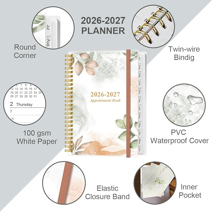 2026-2027 Appointment Book & Planner - 2026-2027 Daily Hourly Planner from July 2026 - June 2027, Weekly Appointment Book with 30-Minute Interval, Medium 6.4" x 8.5", Rose Leaf