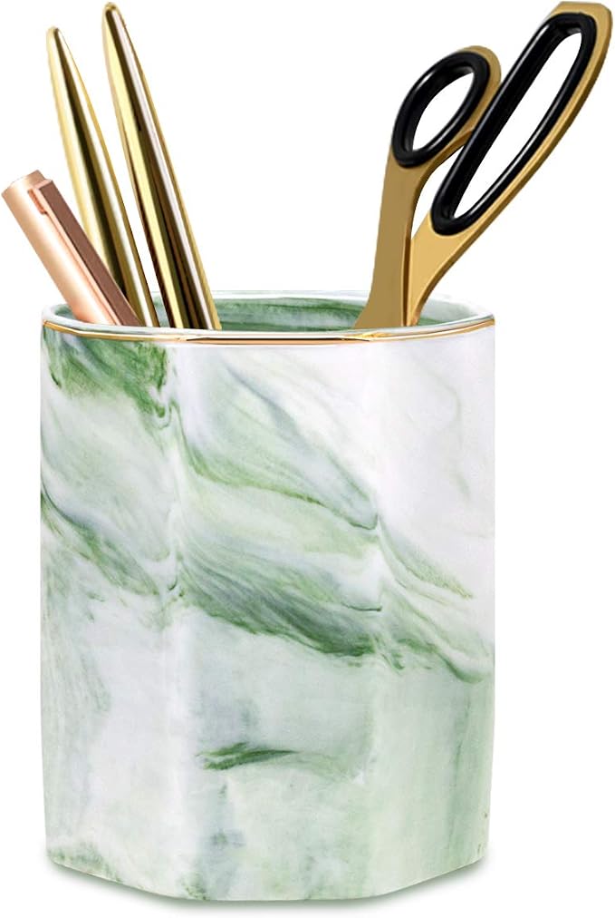 Pencil Holder, Pencil Cup for Desk, Makeup Brush Holder Cup, Cute Pencil Stand Marble Decorative for Kids Durable Ceramic Desk Organizer for Office, Classroom, Home, Green Marble