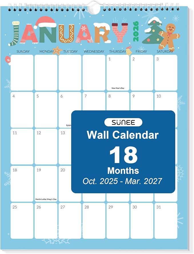 SUNEE 2026 Calendar, 18 Months Wall Hanging Monthly 2026 Calendar 8.5"x11", October 2025 to March 2027, for Organizing & Planning, Cute