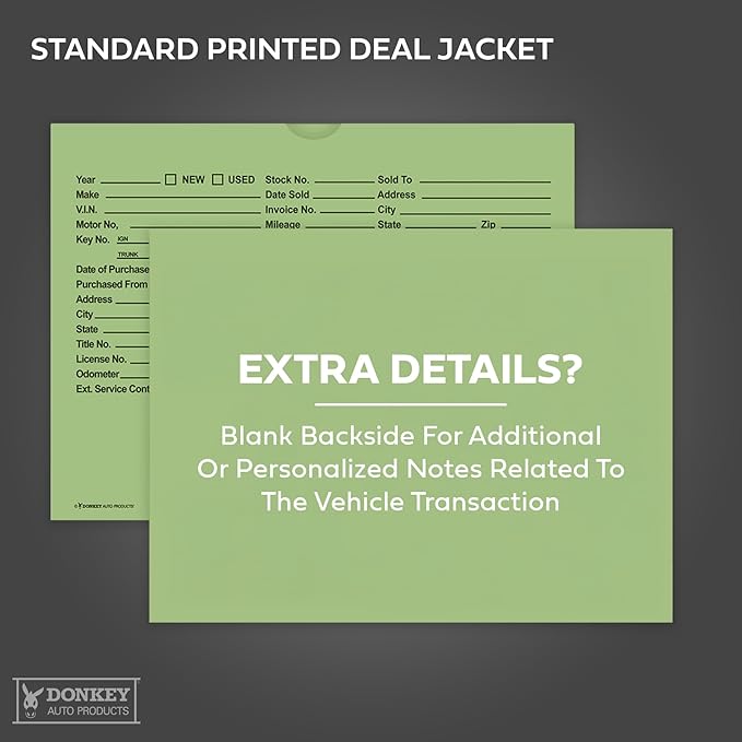Printed Vehicle Deal Envelopes 9x12 Deal Jackets (100 shrink wrapped) (Green)