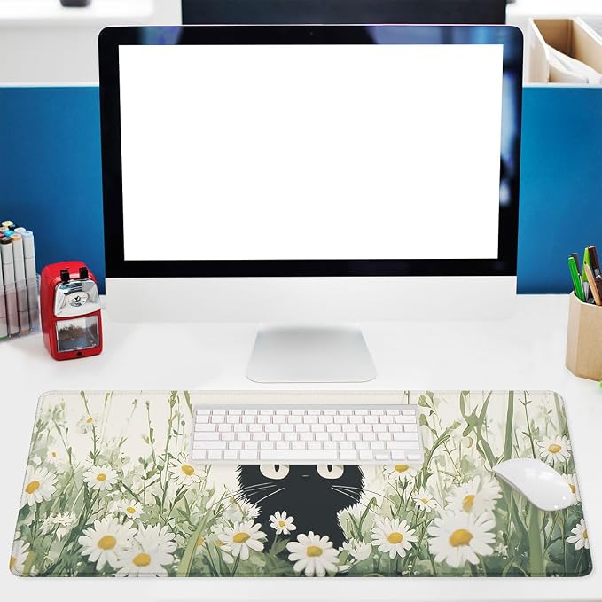 Cute Black Cat Desk Mat Gaming Mouse Pad Watercolor Daisy Kitty Extended Gaming Mousepad Mat with Stitched Edge Non-Slip Base Big Mousepad Office Computer Keyboard Laptop Home 31.5"x11.8"
