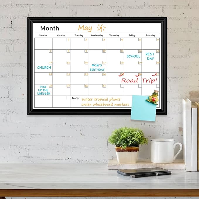Umtiit Monthly Calendar Dry Erase Whiteboard 10.6 x 14.5 inch(27 x 37 cm), Black Wood Frame, Magnetic Surface Whiteboard for Planning/Schedule/School Timetable/Memo(BK-2737C,US)
