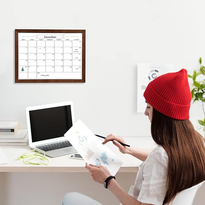 Dry Erase Monthly Calendar Whiteboard, Magnetic White Board for Wall, Office/School/Home, Solid Pine Wood Walnut Brown Frame Hanging Board 10.6"x 14.6"(YL-WB-2737-B)