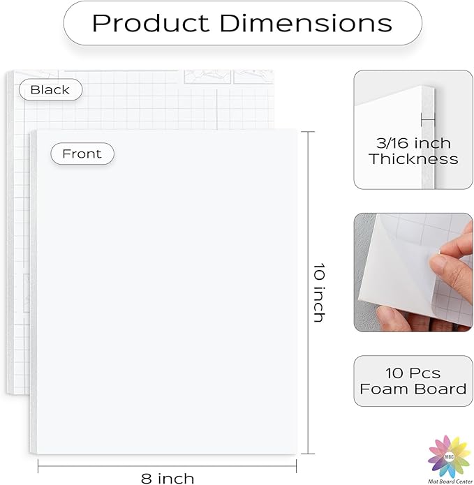 Mat Board Center, Pack of 10, 8X10 Self Adhesive Foam Board for Picture and Poster Mounting, Lightweight White Color Foam Board for Crafts, Artworks, 3/16 Inches Thick