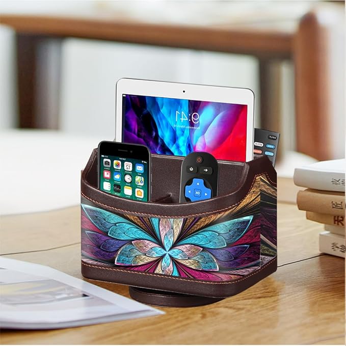 360° Rotating Remote Control Holder, PU Leather TV Remote Caddy Organizer Basket Storage Box with 5 Compartments for Pen, Pencil, Art Supplies, Makeup Brush, Office Desk Table Accessories