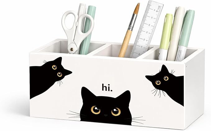 Black Cat Desk Organizer Wooden Pen Pencil Holder for Desk, 3 Compartments Office Desk Accessories, Cute Peeking Cat Desk Decor, Funny Cat Lover Gifts for Women Home Office Desk Storage