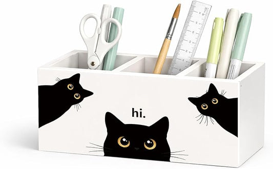 Black Cat Desk Organizer Wooden Pen Pencil Holder for Desk, 3 Compartments Office Desk Accessories, Cute Peeking Cat Desk Decor, Funny Cat Lover Gifts for Women Home Office Desk Storage